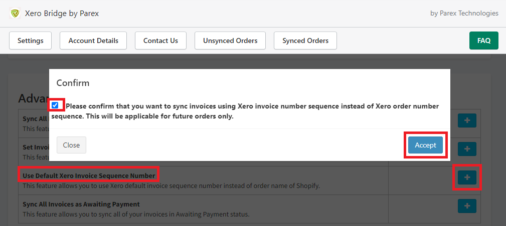 Feature to use Xero's default invoice sequence number by Xero bridge app.